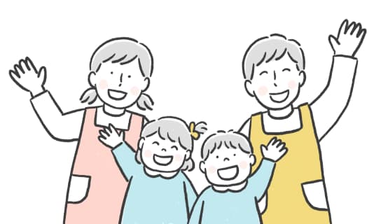 手を振る保育士と子どもたちのイラスト
